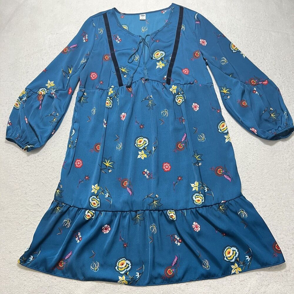 Old Navy Women's Small 3/4 Sleeve Blue Colorful Floral V-Neck Tie Shift Dress